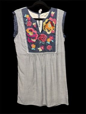 ANDREE BY UNIT Navy Yoke Striped Dress with Multicolor Floral Embroidery